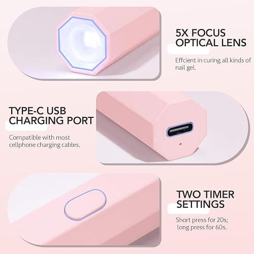 GAOY Handheld UV Light for Gel Nails, Mini Nail Lamp, Portable Cordless Rechargeable, Fast Curing, Octagon Pink thumbnail 6