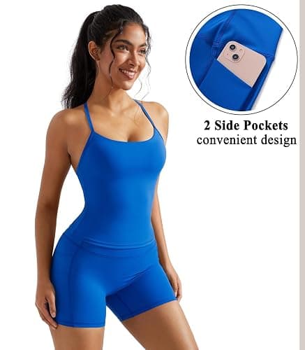 OMKAGI 2 Piece Workout Sets for Women Padded Sports Bra Tank Booty Gym Shorts with Pockets thumbnail 4
