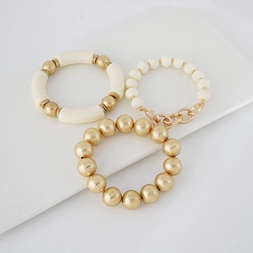 LALAPPLE Gold Plated Beaded Acrylic Bamboo Tube Bangle Bracelets for Women, Colorful Chunky Curved Tube With Gold Plated Pieces Beads Stretch Bracelet Friendship Summer Beach Jewelry thumbnail 3