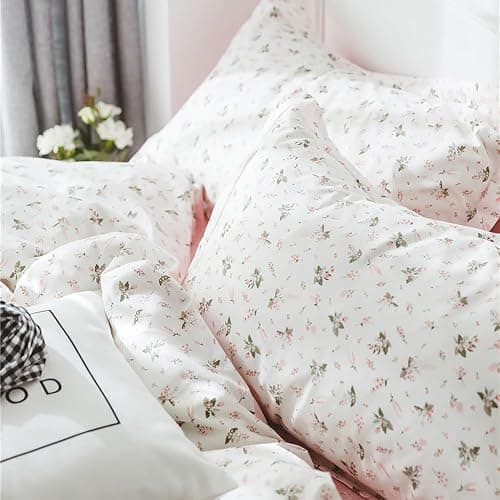 mixinni Girl Floral Full Size Comforter Pink White Flower Leaf Print Bedding Sets, Cute Floral Bedding Comforter Sets for All Seasons-(1 Comforter+2 Pillow Shams)-Full Size thumbnail 5