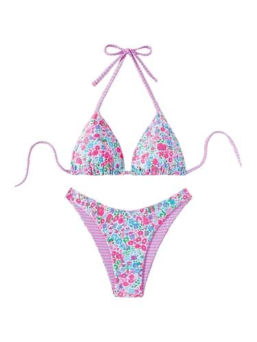 WDIRARA Women's 2 Piece Floral Striped Bikini Set Halter String Thong Swimsuit High Cut Bathing Suit - Image 1