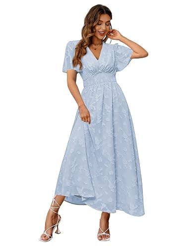 Simplee Women's Boho Floral Maxi Dress Flowy Casual V Neck Short Sleeve Wedding Guest Holiday Beach Long Dress - Image 1