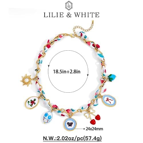 LILIE&WHITE Gold Charms Necklace for Women Bandana Necklace with Colorful Charms Necklaces Beach Jewelry Gift thumbnail 6