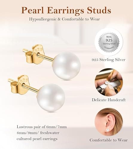 HAINBAG Pearl Stud Earrings for Women, Handpicked Freshwater Pearl Hypoallergenic Silver Post Earring Studs thumbnail 2