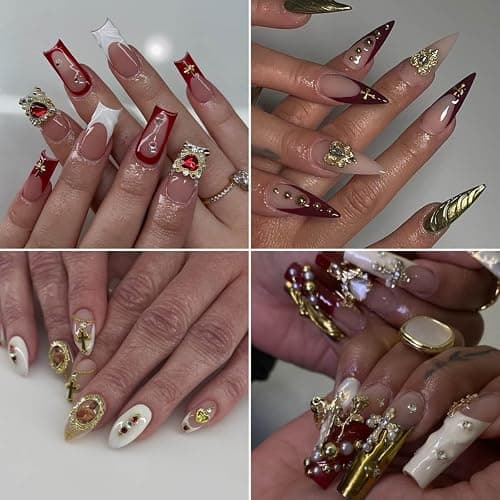 64pcs Gold Nail Charms Set with Gold Cross, Hearts, Rose, and Virgin Mary - Y2K 3D Chrome Nail Decorations thumbnail 3