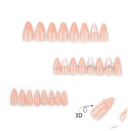 24Pcs Almond Press on Nails Medium Length 3D Fake Nails with Cute Mermaid Pearl Designs Charms Handmade Nail French Tip False Nails Press ons Summer Theme Stick on Nails for Women Manicure Decor thumbnail 2