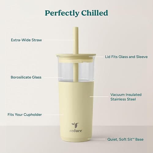 REDUCE Aspen - 20oz Vacuum Insulated Glass Tumbler - Extra Wide Straw & Lid | Keeps drinks cold for 12 hours, ideal for iced coffee, smoothies & boba, dishwasher safe, soft base thumbnail 4