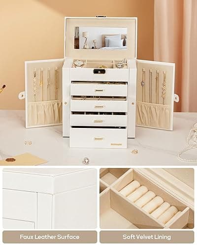 Homde Synthetic Leather Huge Jewelry Box Mirrored Watch Organizer Necklace Ring Earring Storage Lockable Gift Case (White + Gold) thumbnail 8