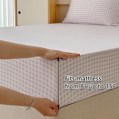 NSNLGSGC Pink Gingham Queen Sheet Set, Soft Brushed Microfiber Plaid Queen Bed Sheets, 4-Pieces Grid Sheet Set with Deep Pocket thumbnail 6
