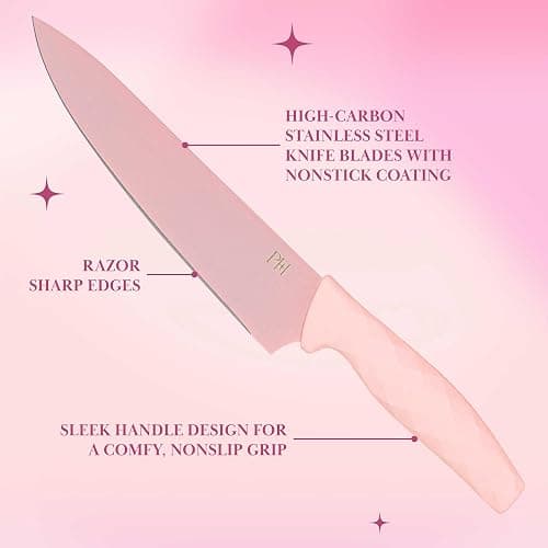 Paris Hilton Knife Block Set with Fan Style Clear Acrylic Knife Block, Premium Stainless Steel Blades with Nonstick Coating, Comfort Grip Handles, 16-Piece Set, Pink and Gold thumbnail 6