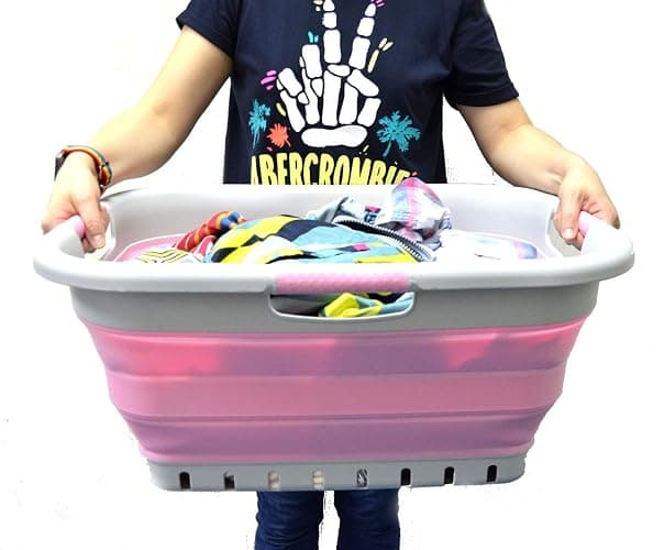 SAMMART 41L (10.8 gallon) Collapsible 3 Handled Plastic Laundry Basket - Foldable Pop Up Storage Container/Organizer - Portable Washing Tub - Space Saving (3 handled rectangular, Grey/Pink) thumbnail 6