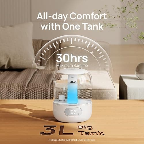 DREO 3L Humidifiers for Bedroom, 30H Runtime, 26 dB Quiet, New Edition | Easy to Refill & Clean, Precise Humidity Control, Night light, Cool Mist Air Humidifier for Large Room, Baby Nursery thumbnail 6