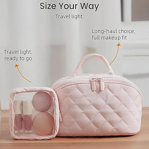YUMEYPLEMI Petition Makeup Bag, Travel Makeup Bag Quilted for Woman, Wide Open Lay-Flat Water-Resistant Cosmetic Bag (Pink) thumbnail 4