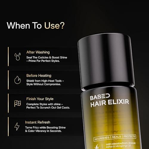 BASED Hair Elixir - Weightless Shine Serum with Heat Protection, Controls Frizz & Flyaways, Nourishes with Meadowfoam & Mongongo Oils, Science-Backed Formula for All Hair Types (1 Fl Oz, Pack of 1) thumbnail 6