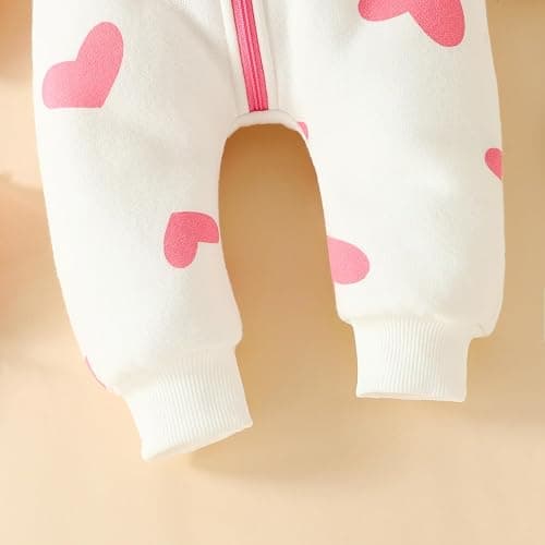 Carolilly Baby Girls Romper Winter Warm Infant Baby Jumpsuit Romper Bear Ear Snowsuit Newborn Hooded Romper Warm Coat Heart/Cow Pattern Long Sleeve Zipper Button Romper thumbnail 6