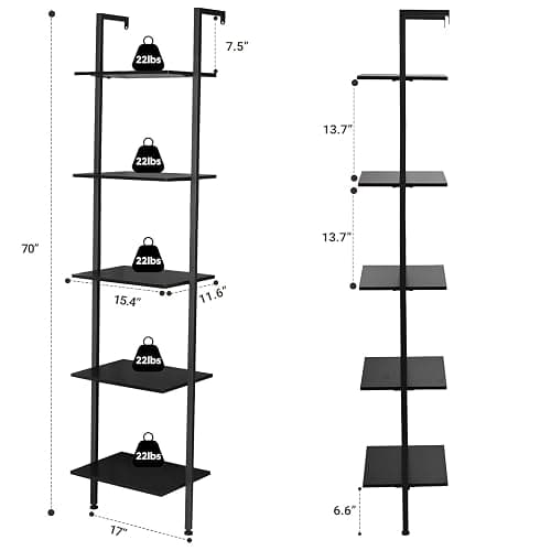 ELYKEN Ladder Shelf, 5-Tier Wood Wall Mounted Bookshelf with Metal Frame, Vintage Open Display Organizer Rack, Leaning Storage Shelves for Living Room, Bedroom, Home Office, Black - Black thumbnail 3