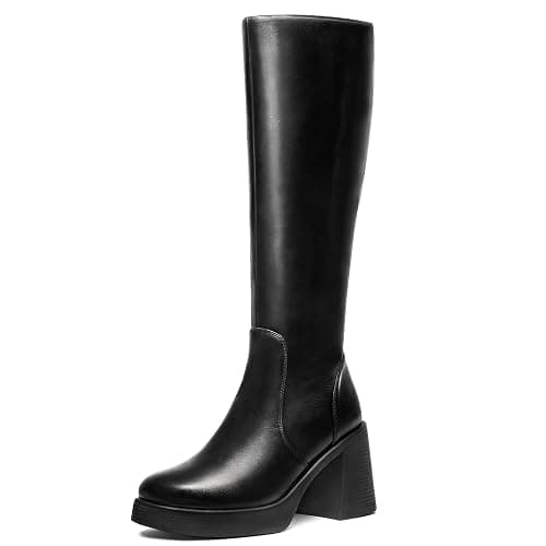 Choiran Black Knee High Boots for Women - Wide Calf Platform Tall Boots Square Toe Chunky Block Heeled Gogo Boots - Image 1