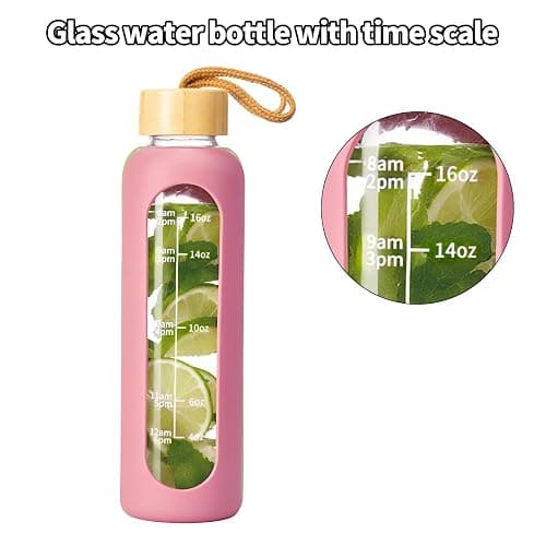 Glass Water Bottles 18oz/550ML, Water Bottle with Time Marker, Leakproof Glass Water Bottles with Silicone Sleeves, Suitable for Offices and Gyms, Pink thumbnail 4