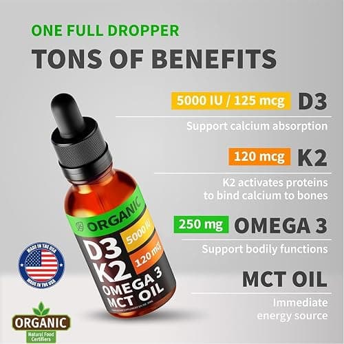 (2 Pack) Organic Vitamin D3 K2 Drops with MCT Oil Omega 3, 5000 IU, Maximum Strength Vitamin D Liquid, No Fillers, Non-GMO Liquid D3 for Faster Absorption and Immune Support (Unflavored, 2 Fl Oz) thumbnail 3