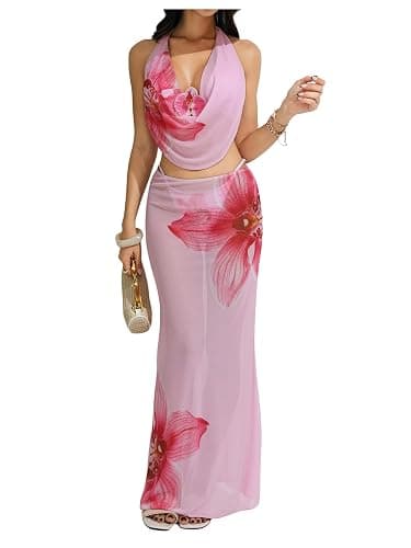 OYOANGLE Women's 3 Piece Swimsuits Floral Halter String Bikini Set with Long Beach Skirt Cover Up Beachwear thumbnail 4