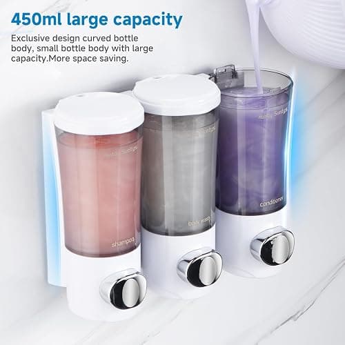 Shampoo and Conditioner Dispenser No Drill Shower Soap Dispenser Wall Mounted Shower Dispenser 3 Chamber with Upgrade Smooth Pump Head Bathroom Body Wash Soap Dispenser Set 450ml*3 White thumbnail 6