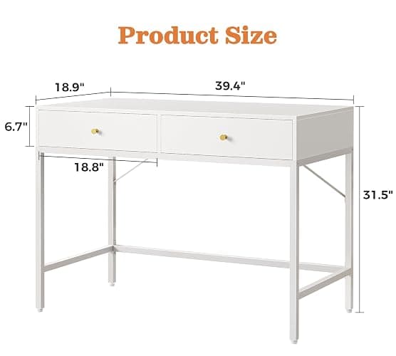 SUPERJARE 39.4" White Desk with 2 Drawers, Modern Makeup Vanity Desk, Small Computer Desk Home Office Desk for Writing Study Bedroom thumbnail 3