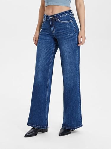 ONESO Mid-Low Rise Baggy Jeans Wide Leg for Women Distressed Pants Stretchy Bottom Lady Basic Comfortable Denim thumbnail 2