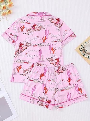 AINAC Womens 2 Piece Cowgirl Pajamas Satin Silk Western Cute Pjs Cowboy Boots Short Sleeve Button Up Shorts Pjs Loungewear thumbnail 5