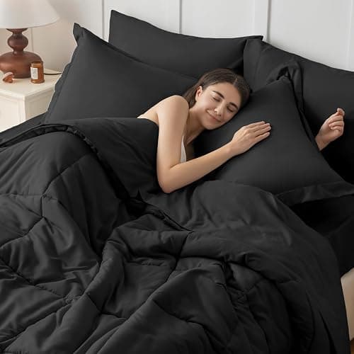 JOLLYVOGUE Queen Comforter Set, Ultra-Soft Bed in a Bag Queen Size 7 Pieces, Oeko-TEX Certified Bedding Set with Down Alternative Comforter, Sheets, Pillowcases & Shams, Black thumbnail 7