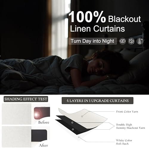 Cream Linen Blend Blackout Curtains 84 Inch Long 2 Panel Back Tab Thermal Insulated Light Blocking Curtain for Living Room Black Out Drape for Bedroom Neutral Rustic Farmhouse 52x84 Length Ivory White thumbnail 5