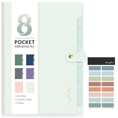 Sooez Elegant Accordion File Organizer, 8 Pocket Expanding File Folders with Labels, Portable Folder for Documents, Cute Paper Organizer for School Office Supplies, Letter Size, Light Green - Image 1