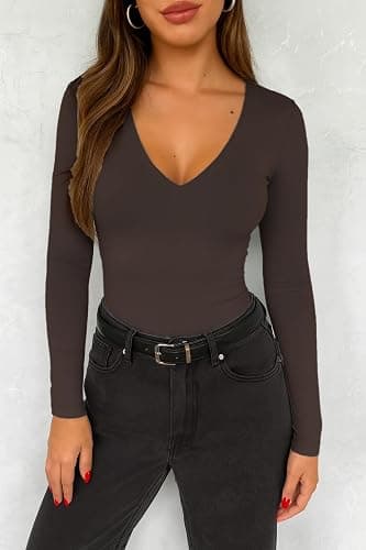 ForeFair Womens Casual V Neck Long Sleeve Shirts Going Out Double Lined Crop Tops Slim Fitted Basic Tee thumbnail 5