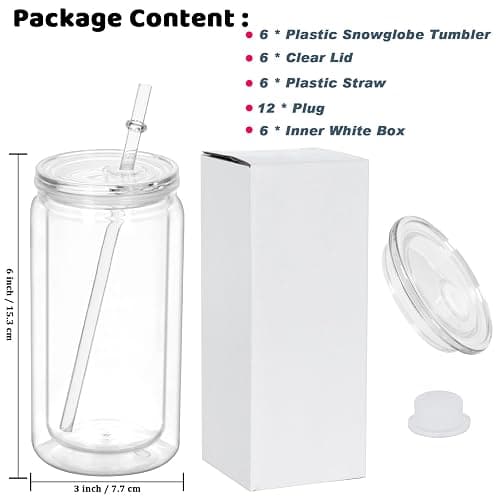 Maucircol 16 Oz Plastic Snowglobe Tumbler, 6 Pack Pre-Drilled Double Wall Plastic Clear Cup for Glitter Snow Globe Diy, Double Wall Snowglobe Cup with Clear Lid thumbnail 2