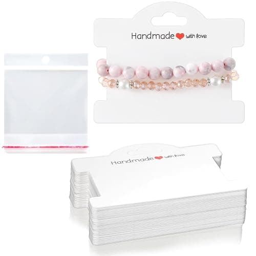 Piriuuo 50 Pcs Bracelet Display Cards with Clear Bags, Bracelet Packaging for Small Business Jewelry Display Card Handmade with Love Jewelry Tags for Selling Hair Ties, Bracelets, Necklace (White) - Image 1