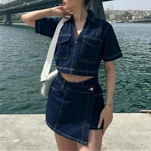 Women's Short Sleeve Cropped Shirt Summer Streetwear Office Denim Shirt thumbnail 2