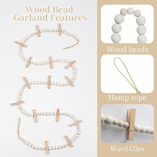 3PCS Hanging Photo Display with 45 Clips, 67 Inch Boho Wooden Bead Garland Photo Banner, Kids Art Display Collage Picture Postcard Display, Photo String for Bedroom Dorm Cubicle Wall Decor Teen Gifts thumbnail 4