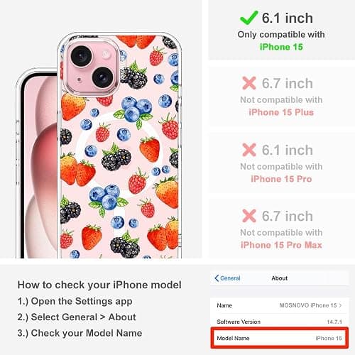MOSNOVO for iPhone 15 Case, Compatible with Magsafe, Shockproof Military-Grade Protection 6.6ft Drop Tested, Magnetic Clear Phone Case for iPhone 15, Wild Berries Design thumbnail 2