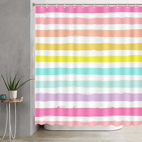 AIBIIN Rainbow Stripes Shower Curtain for Bathroom Decorations with 12 Plastic Hooks Color Horizontal Stripe Bathtub Decor Polyester Fabric Shower Curtains Set 72x72in - Image 1