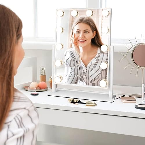 Kotdning Vanity Mirror with Lights,Lighted Vanity Mirror with 12 Dimmable Bulbs for Dressing Room & Bedroom,3 Color Lighting,Modes Detachable 10x Magnification 360°Ratation (White) 14.6" L x 17" W thumbnail 7