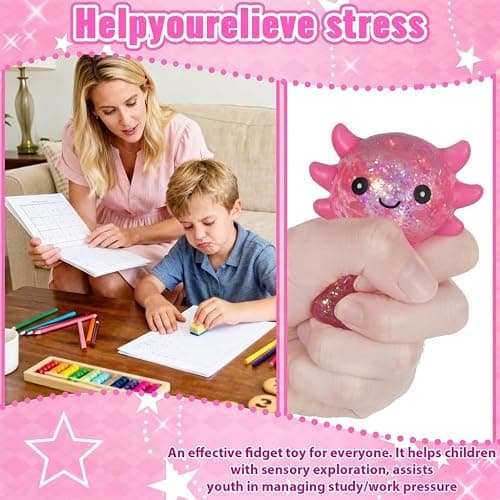 Djyxoglyn Axolotl Squishy Stress Relief Toy – Glitter Fidget Toy Cute Squeeze Toy for Kids & Adults, Sensory Anxiety Relief Squishy Toy, Party Favor Desk Fidget (Pink Sitting Style) thumbnail 7