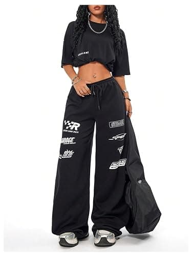 GORGLITTER Women's Graphic Y2K Baggy Stacked Sweatpants Letter Wide Leg Sweat Pants Drawstring Straight Pant thumbnail 5
