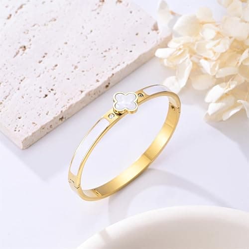 KYJAC 18k Gold Plated Stainless Steel Four Leaf Clover Bracelet for Women - Non-Tarnish, Precision Polished Chunky Oval Bangle in Black, White, Pink, Red Clover Bangle thumbnail 5