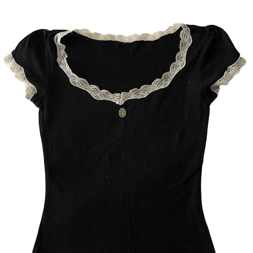 Y2K Fairy Lace Trim Top for Teen Girls Short Sleeve Slim Fit T-Shirts 2000s Tees Aesthetic Clothes thumbnail 5