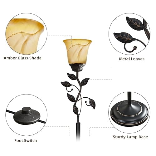 RORIANO 72” Flower Farmhouse Leaf Floor Lamp for Living Room | Rustic Tall Standing Lamp with Amber Glass Shade and Traditional Foot Switch for Bedroom, Corner, Office, Bulb Included thumbnail 7