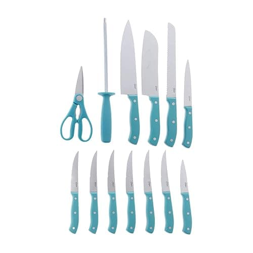 Oster Evansville 14 Piece Stainless Steel Cutting Kitchen Knife Cutlery Set with Wooden Block Holder and Knife Sharpener, Turquoise thumbnail 3
