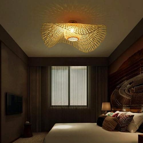 Plafonnier En Bambou Suspension Rétro E27 Lustre Rotin Naturel Éclairage Campagne Tissé À La Main Chambre Restaurant Salon Café Décoration Économie D'énergie, A, 55cm thumbnail 3