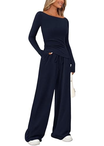 PRETTYGARDEN Women's 2 Piece Lounge Sets Asymmetrical Long Sleeve T Shirt Wide Leg Pants Fall Casual Outfits Tracksuit - Image 1