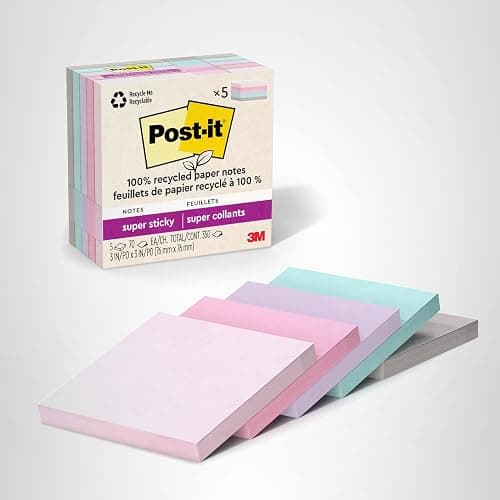 Post-it 100% Recycled Paper Super Sticky Notes, 2X The Sticking Power, 3x3 in, 5 Pads, 70 Sheets/Pad, Wanderlust Pastels Collection (654R-5SSNRP) thumbnail 11