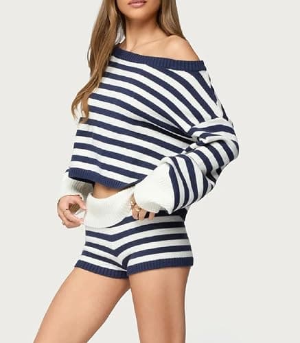 Women Striped Sweater Set Long Sleeve Sweater and Shorts Set 2 Piece Fall Matching Set Loungewear thumbnail 4