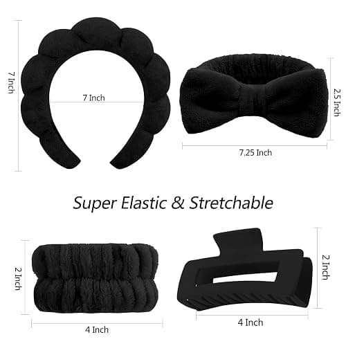 VELSCRUN Spa Headbands for Wash Face, Makeup Headband, Facial Skincare Headbands, 5 Pcs Black Puffy Sponge Spa Headband Bow Tie Hair Band Hair Clips Wristband Set Women Girls Accessories thumbnail 6